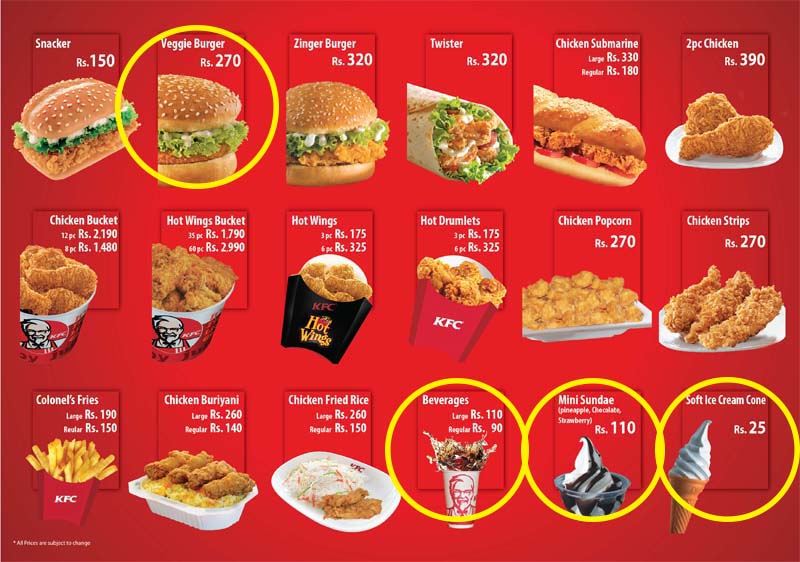 KFC menu for vegetarians