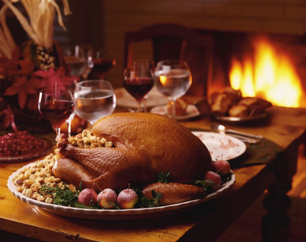 Perfect-Thanksgiving-Turkey-Place-Settings-for-Warm-Family-Dinner-Nuance-with-Delicious-Foods-Beside-Fireplace