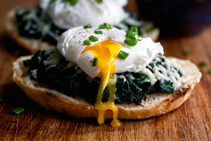 HEALTHY DINNER FOR ONE, Beet Greens Bruschetta with Poached Egg and Fontina, cooked and styled by Andrew Scrivani NYTCREDIT: Andrew Scrivani for The New York Times