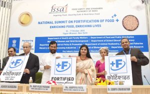 The Union Minister for Consumer Affairs, Food and Public Distribution, Shri Ram Vilas Paswan and the Minister of State for Health & Family Welfare, Smt. Anupriya Patel launching the food fortification logo, at the inauguration of the two-day National Summit on Fortification of Food, organised by the FSSAI, in New Delhi on October 16, 2016. The Secretary, Directorate of Health Research & Director General, Indian Council of Medical Research, Dr. Soumya Swaminathan and other dignitaries are also seen.